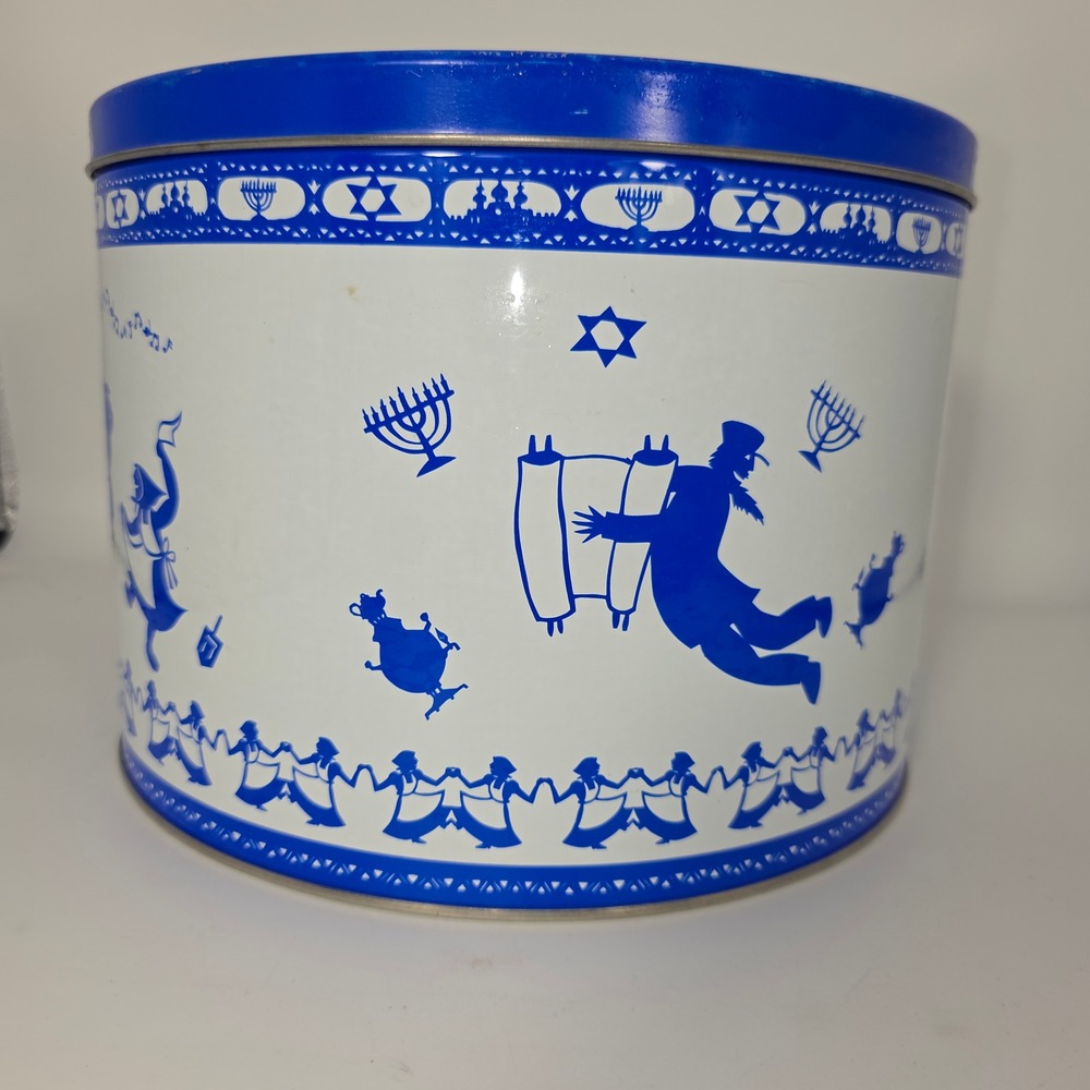 Paramount Can Vintage Hanukkah Tin Large Blue White 10x7.5 Good Fiddler Folk Art